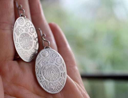 Aiguilles mécaniques, boucles d’oreilles engrenages steampunk en argent