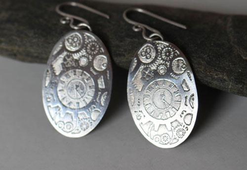 Aiguilles mécaniques, boucles d’oreilles ovales engrenages steampunk en argent