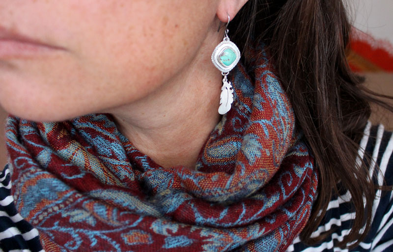 Apprendre à voler, boucles d’oreilles plumes en argent et turquoise