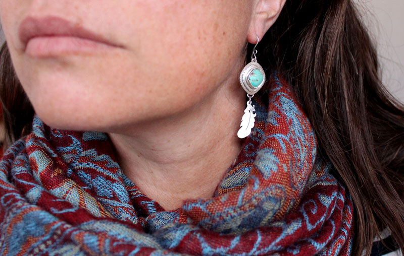Apprendre à voler, boucles d’oreilles plumes en argent et turquoise