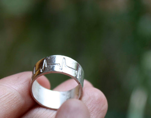 Battement de cœur, bague rythme cardiaque, ligne de vie en argent