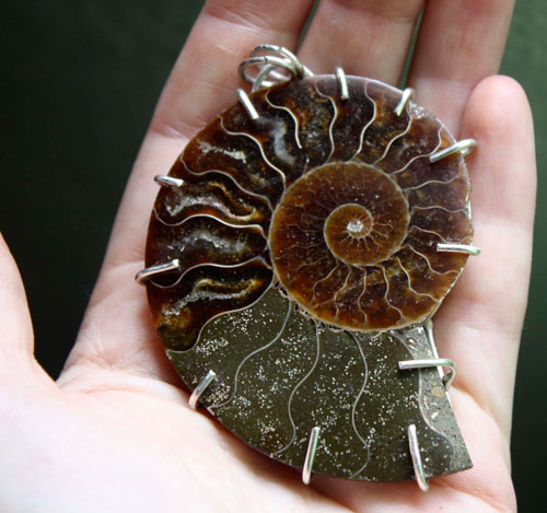 Cephalopoda, pendentif témoin de l’histoire en argent et ammonite fossilisée