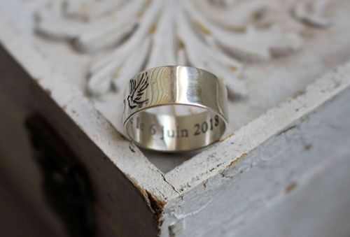 Destinée, alliances gravées, bague nature bohème en argent