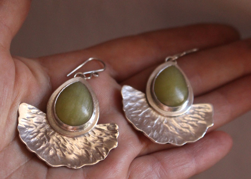 Feuilles du soleil, boucles d’oreilles feuille de ginkgo en argent et aventurine