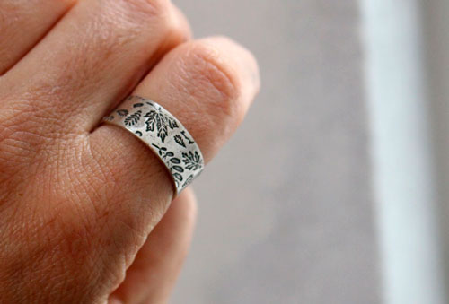 Herbier de feuilles des bois, bague feuilles arbres, chêne, châtaigner, fougère en argent