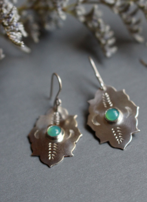 Kirakee, boucles d’oreilles orientales architecture mauresque en argent et chrysoprase