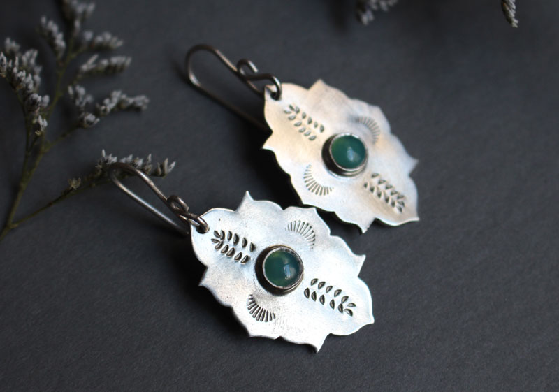 Kirakee, boucles d’oreilles orientales architecture mauresque en argent et chrysoprase