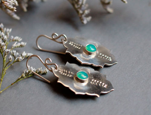 Kirakee, boucles d’oreilles orientales architecture mauresque en argent et chrysoprase