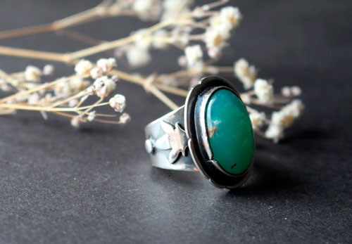 L'âme de la nature, bague fleur en argent et chrysoprase