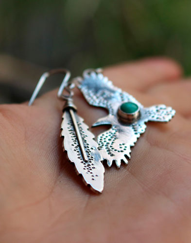 Liberté, boucles d’oreilles aigle et plume en argent et turquoise