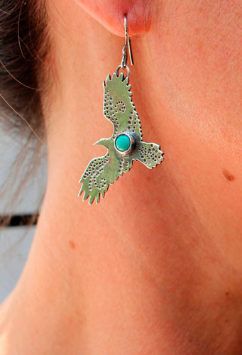 Liberté, boucles d’oreilles aigle et plume en argent et turquoise