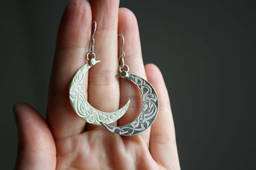 Lune celtique, boucles d’oreilles celte croissant de lune en argent