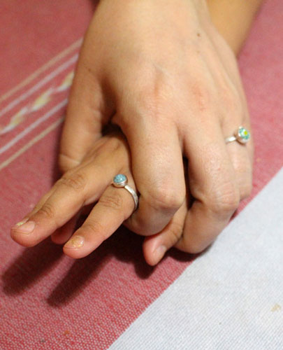 Mère et fille, bague famille en argent avec cabochon millefiori de verre