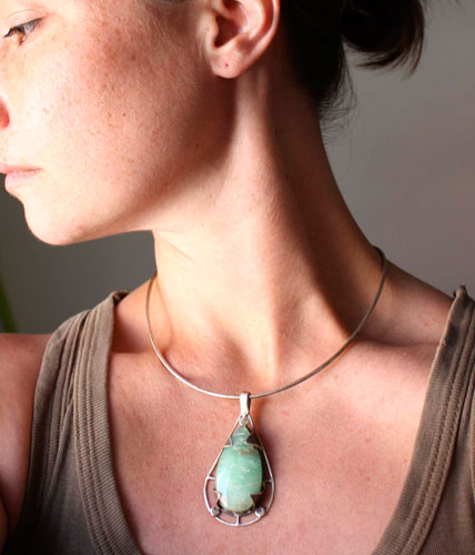 Tlaloc, pendentif aztèque en argent et chrysoprase