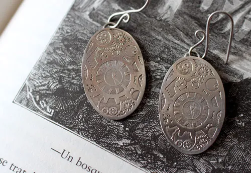 Aiguilles mécaniques, boucles d’oreilles engrenages steampunk en argent