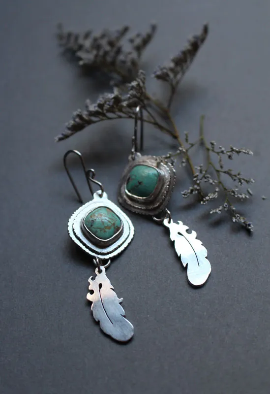 Apprendre à voler, boucles d’oreilles plumes rêveuses en argent et turquoise