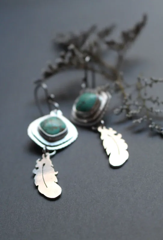 Apprendre à voler, boucles d’oreilles plumes rêveuses en argent et turquoise