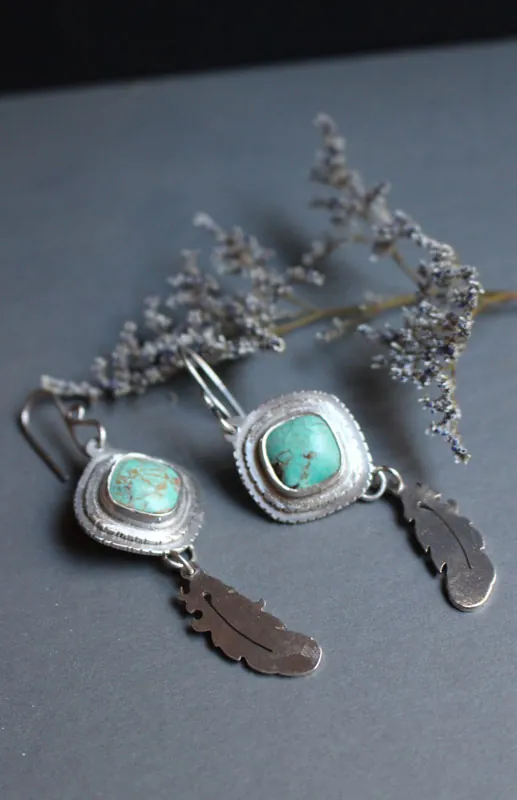 Apprendre à voler, boucles d’oreilles plumes rêveuses en argent et turquoise