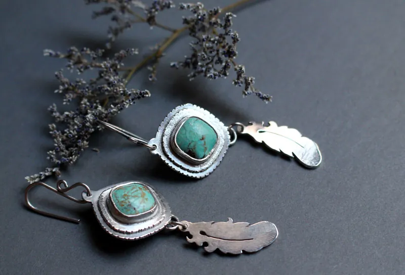 Apprendre à voler, boucles d’oreilles plumes rêveuses en argent et turquoise