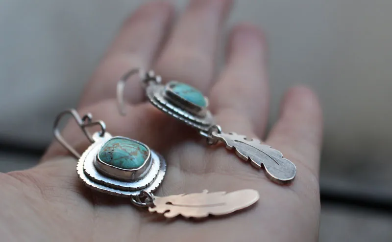 Apprendre à voler, boucles d’oreilles plumes rêveuses en argent et turquoise