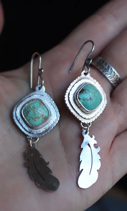 Apprendre à voler, boucles d’oreilles plumes rêveuses en argent et turquoise