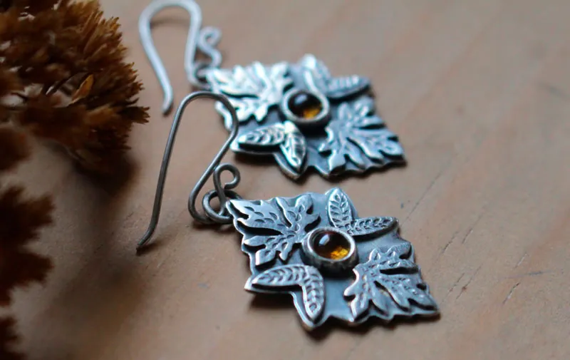 Automne, boucles d’oreilles feuilles en argent et citrine