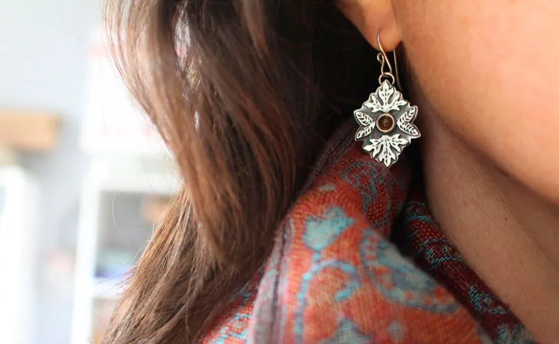 Automne, boucles d’oreilles feuilles en argent et citrine
