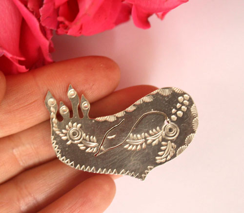 Alicanto, broche oiseau fantastique en argent