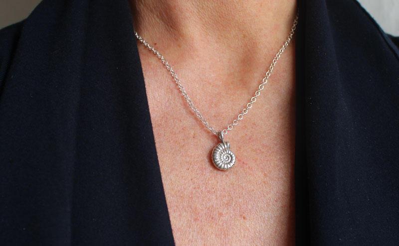 Ammonite promicroceras, collier fossile paléontologie en argent