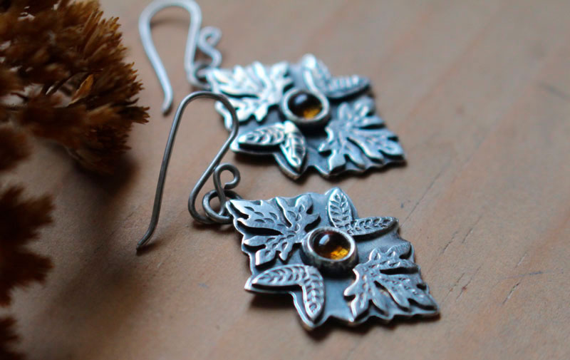 Automne, boucles d’oreilles feuilles en argent et citrine