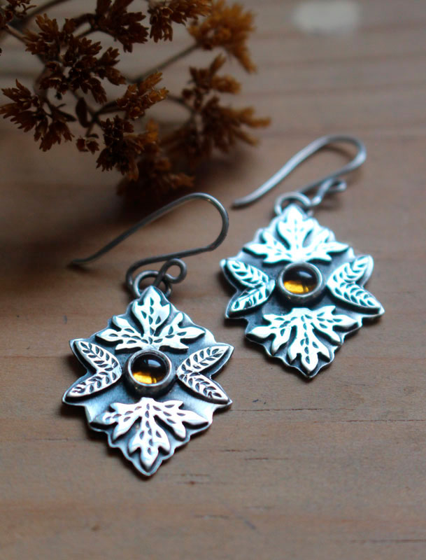 Automne, boucles d’oreilles feuilles en argent et citrine
