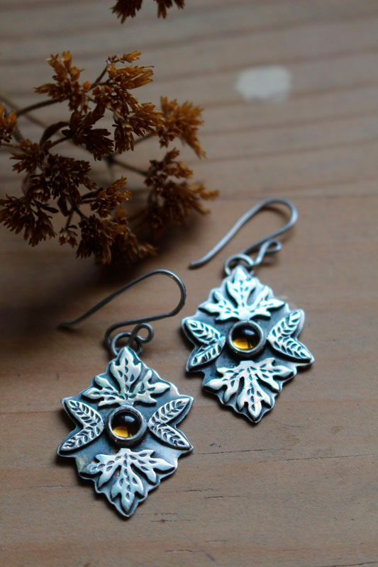 Automne, boucles d’oreilles feuilles en argent et citrine
