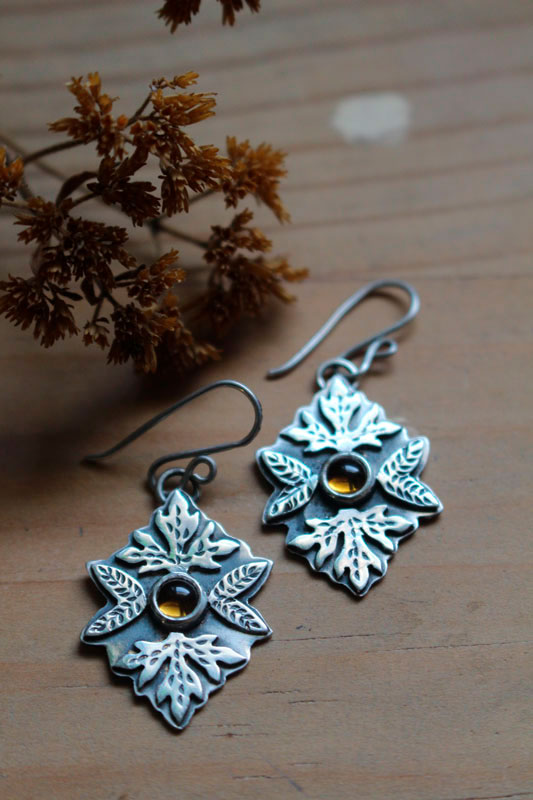 Automne, boucles d’oreilles feuilles en argent et citrine 