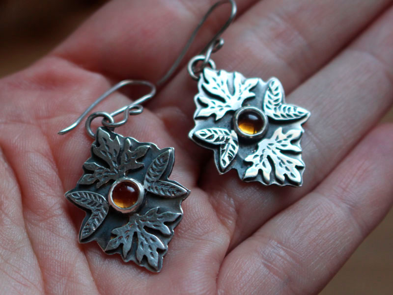 Automne, boucles d’oreilles feuilles en argent et citrine