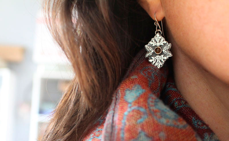 Automne, boucles d’oreilles feuilles en argent et citrine
