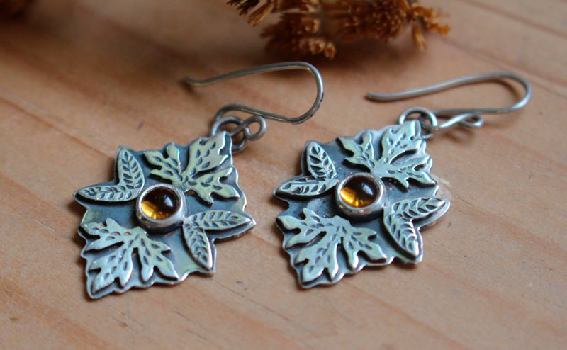 Automne, boucles d’oreilles feuilles en argent et citrine