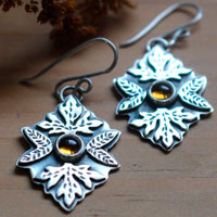 Automne, boucles d’oreilles feuilles en argent et citrine