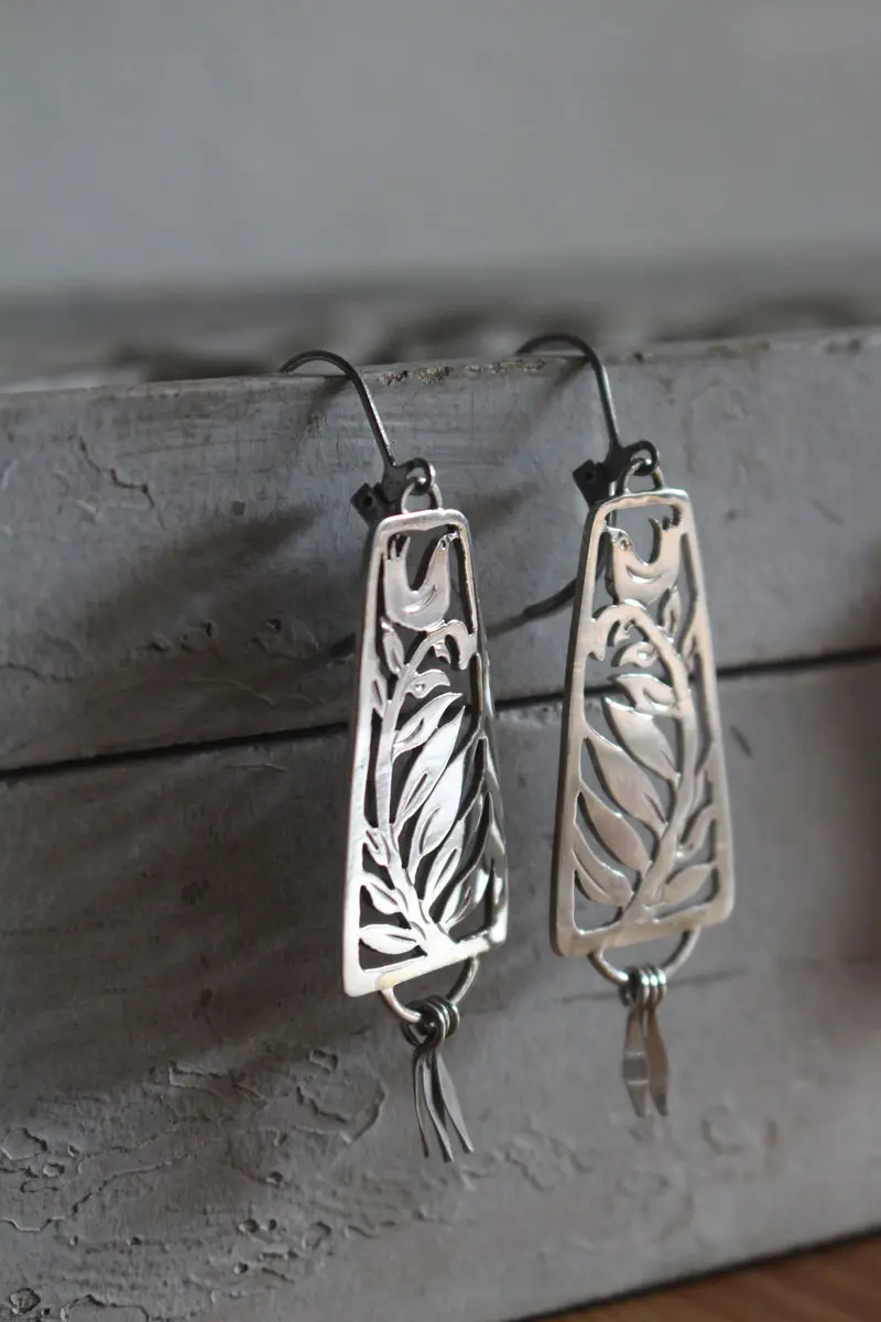 Berceuse, boucles d’oreilles oiseau et fougère en argent