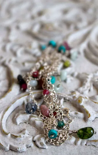 Berlingot, collier, chaîne de cheville, bracelet douceur sucrée en argent, turquoise, amazonite, jade, quartz, tourmaline rose et tourmaline verte