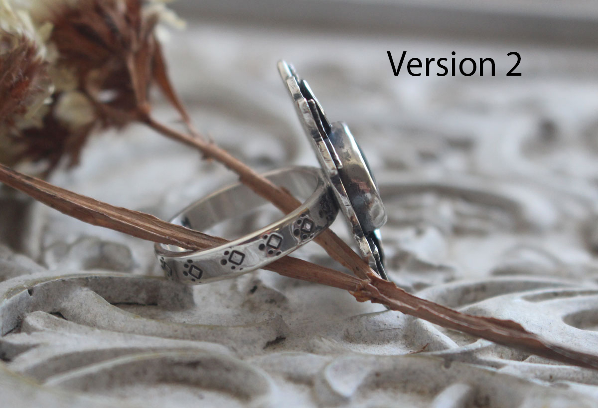 Bleu des mers, bague fleur et coquillage en argent et paua