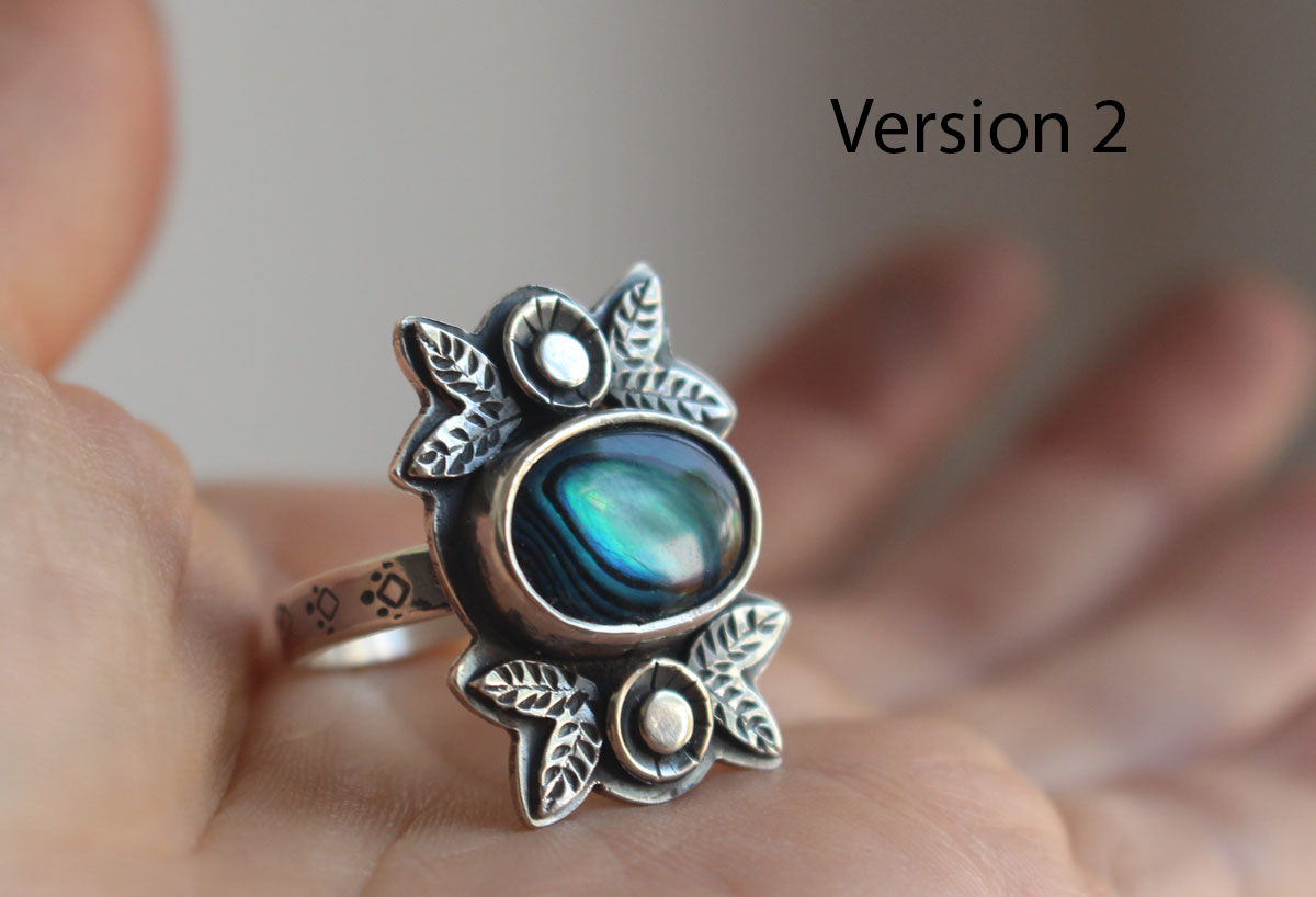 Bleu des mers, bague fleur et coquillage en argent et paua