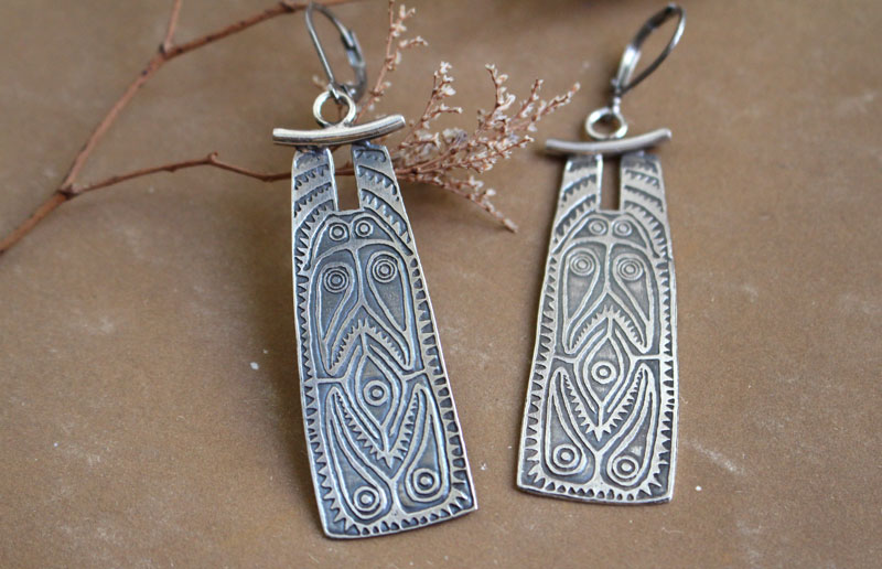 Bouclier océanien, boucles d’oreilles bouclier tribal en argent