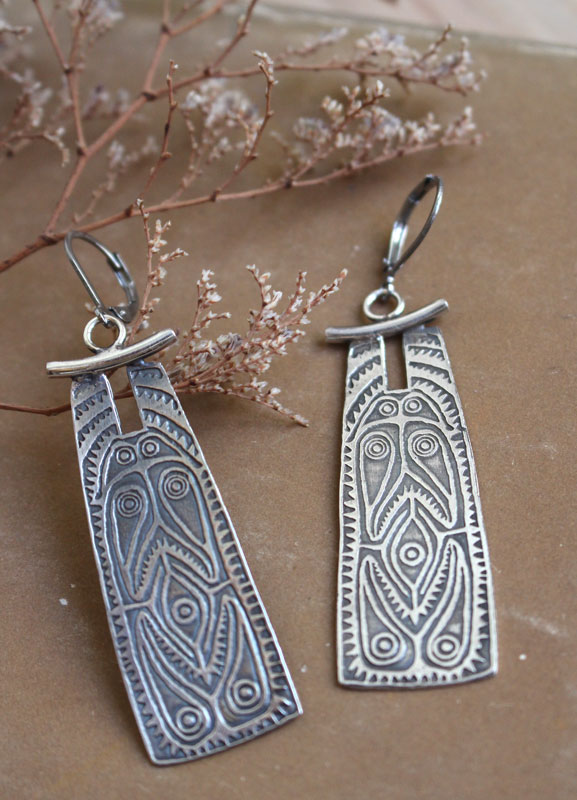 Bouclier océanien, boucles d’oreilles bouclier tribal en argent