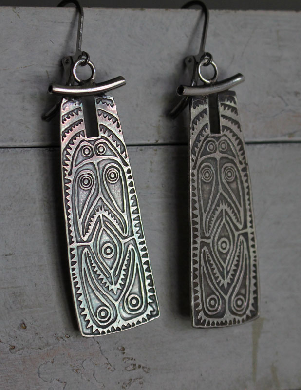 Bouclier océanien, boucles d’oreilles bouclier tribal en argent