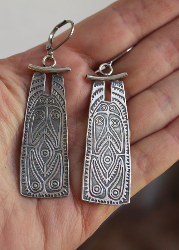 Bouclier océanien, boucles d’oreilles bouclier tribal en argent