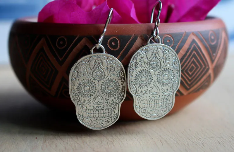 Catrina, boucles d’oreilles crâne mexicain en argent