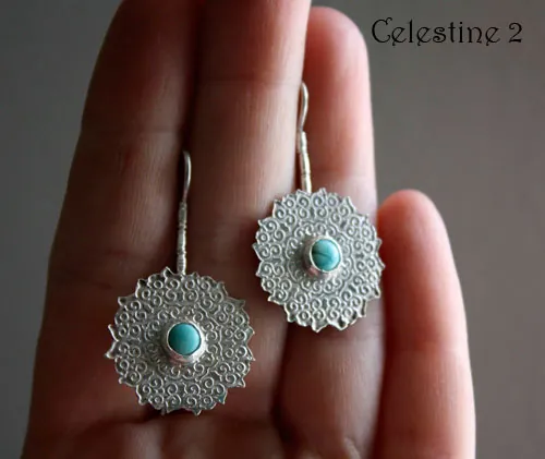 Célestine, boucles d’oreilles mandala indien en argent et turquoise
