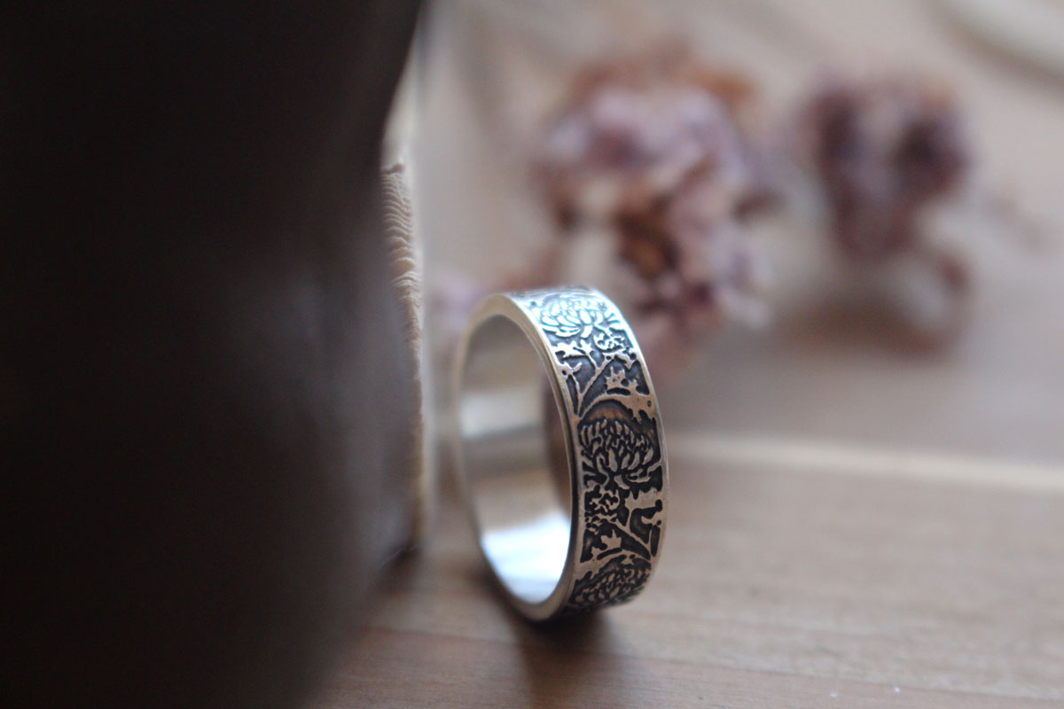 Chrysanthème, bague fleur du soleil en argent