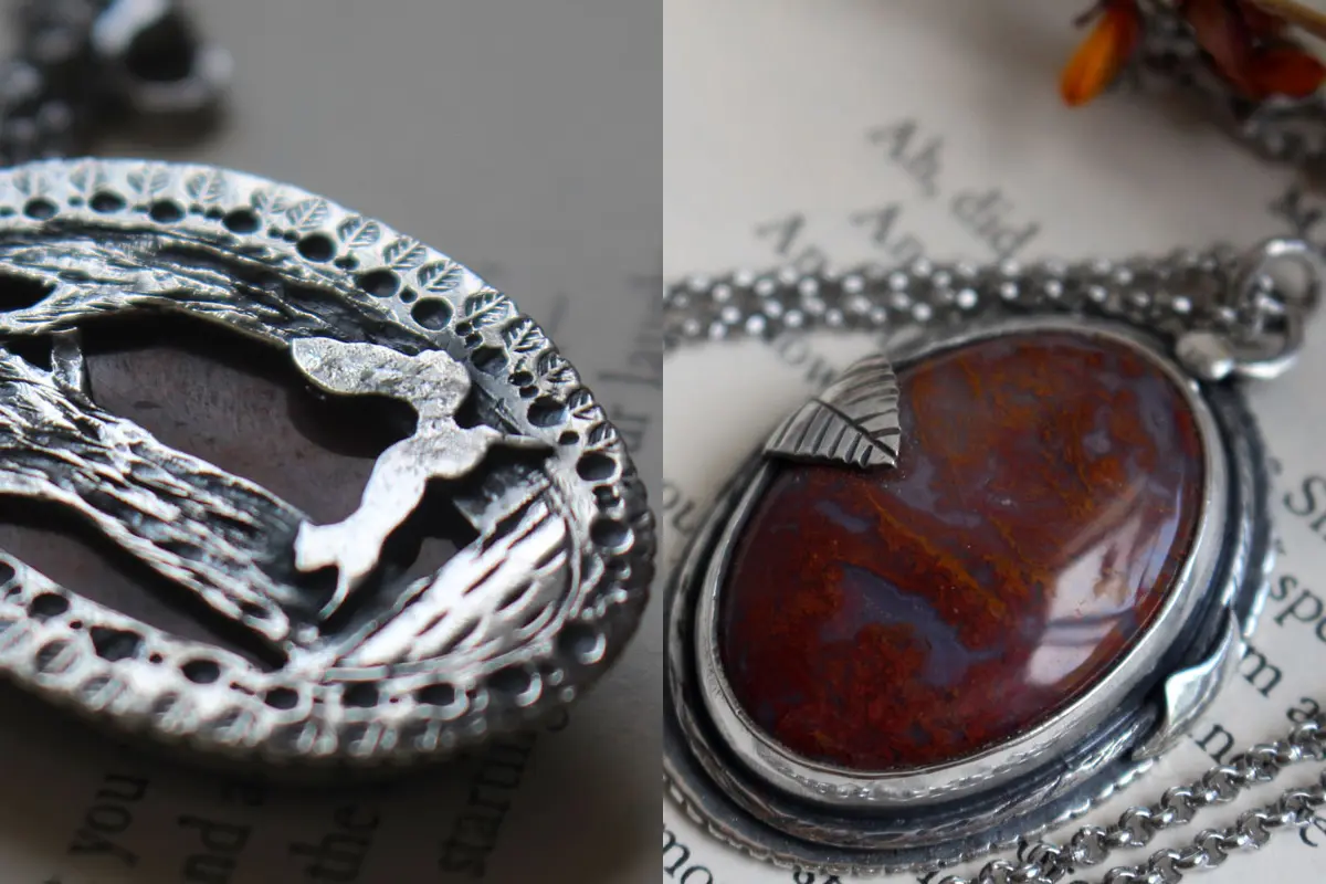Cueillette automnale d’un écureuil au bord d’un lac, pendentif paysage en argent et agate mousse