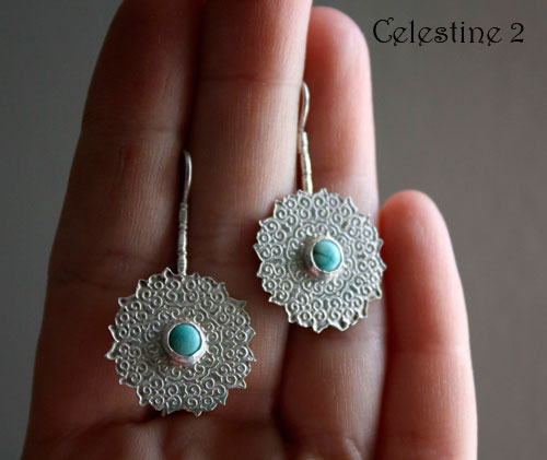 Célestine, boucles d’oreilles mandala indien en argent et turquoise